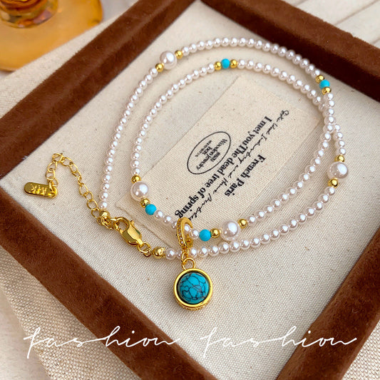 Natural Blue Turquoise Glass Pearl Beaded Necklace